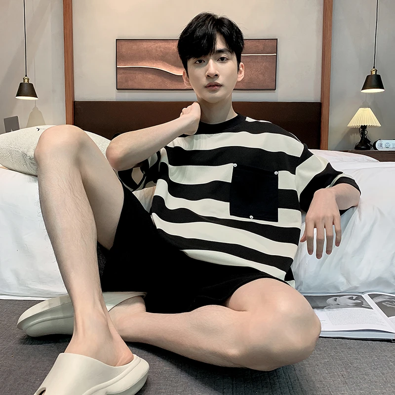 男士夏季纯棉短袖短裤大码青年夏天薄款条纹可外穿休闲家居服套装