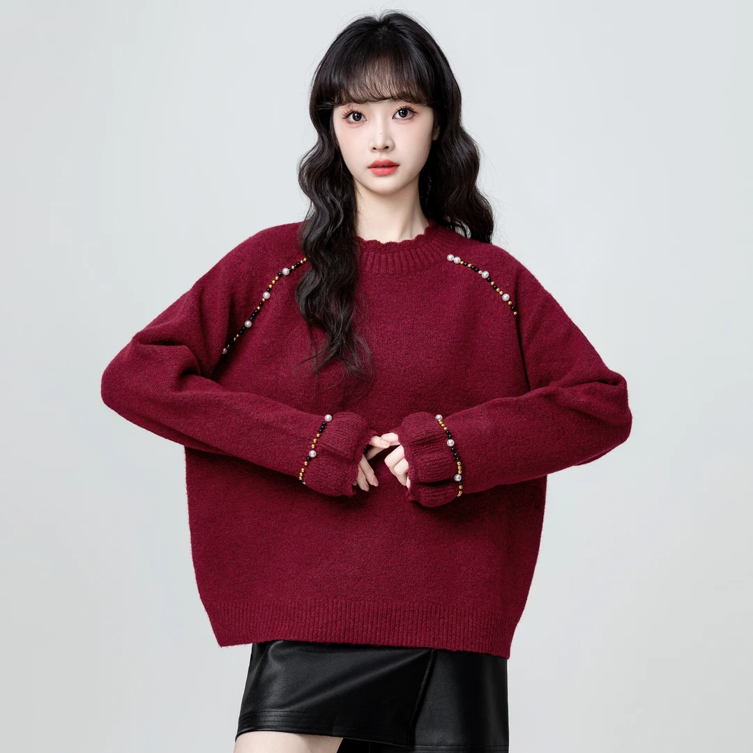 复古红色圆领毛衣女秋冬2025秋季新款设计感花边领针织衫套头上衣
