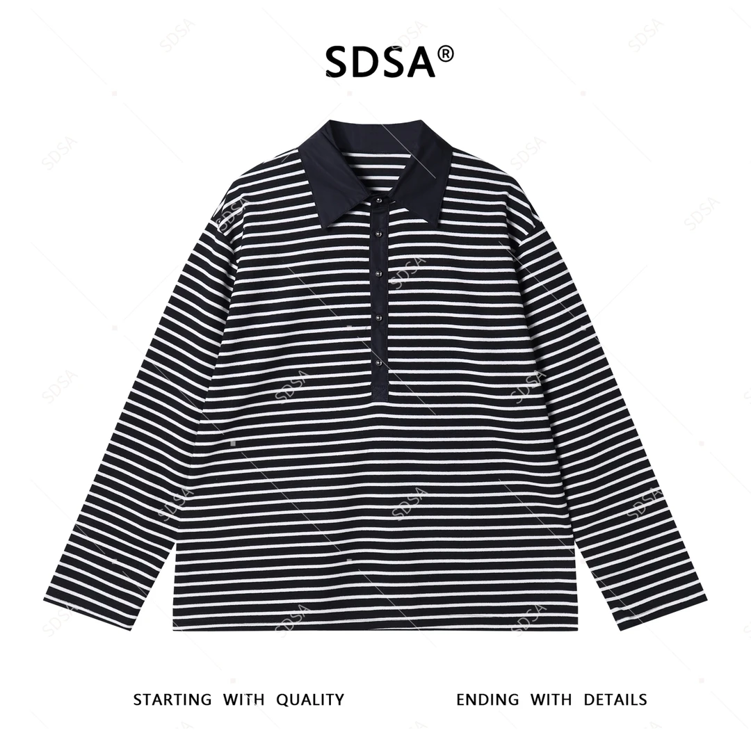SDSA男士2025新款轻奢痞帅男装撞色条纹polo领设计长袖T恤百搭