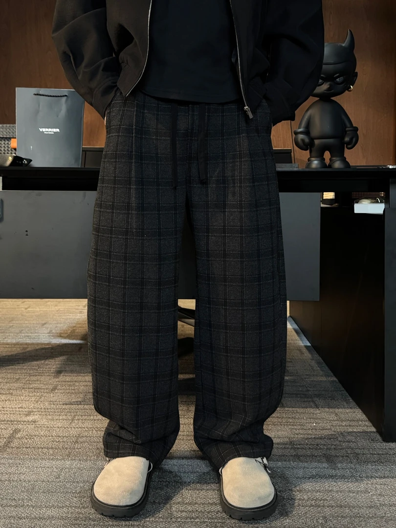 秋冬男格子宽松潮流中腰百搭透气男休闲裤长裤厚款休闲裤