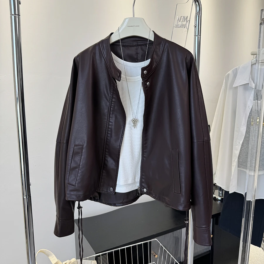 高级感立领皮衣外套女短款秋装新款宽松显瘦机车服pu皮夹克咖啡色