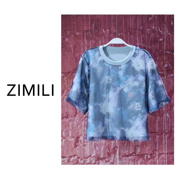 【亮哥女装】2025夏《缭绕》灰蓝混染冰丝网纱叠层时尚休闲短T恤7936