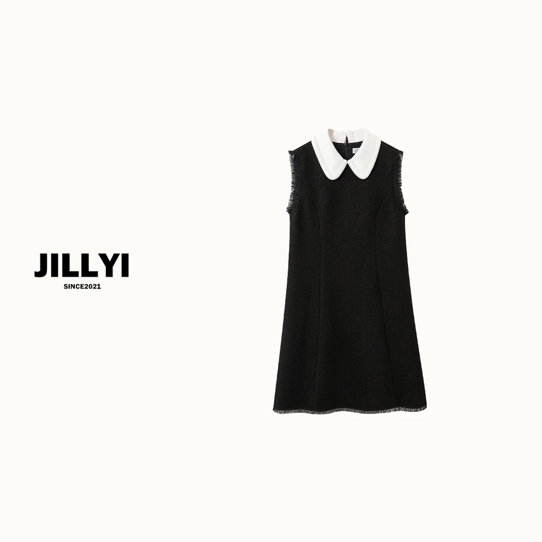JILLYI珠海店【柏林少女】黑色娃娃领韩版气质夏季出游时尚穿搭连衣