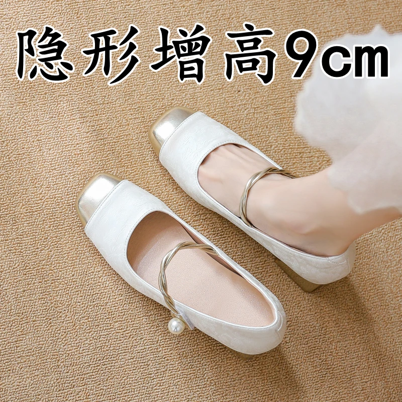 牛皮版~国风新中式内增高玛丽珍鞋女夏款旗袍小个子高跟浅口单鞋
