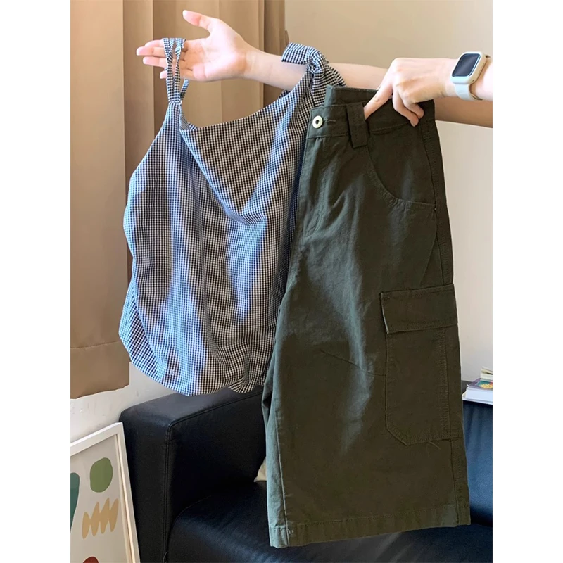 2025夏季新款韩版时尚设计感格子上衣休闲百搭高腰显瘦裤子两件套
