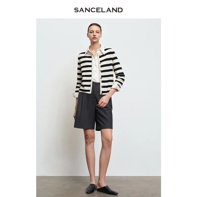 SANCELAND三石一澜春羊绒衫小香风黑白条纹针织开衫女SJ15501050