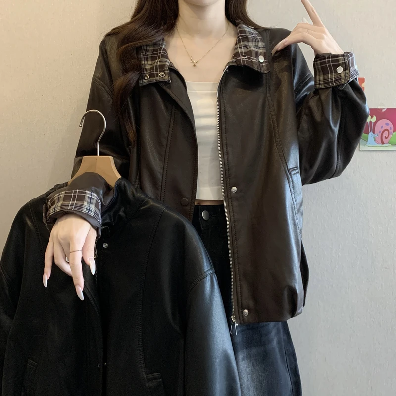 实拍大码女装秋冬新款韩版格子加绒皮衣外套胖妹妹遮肚气质上衣