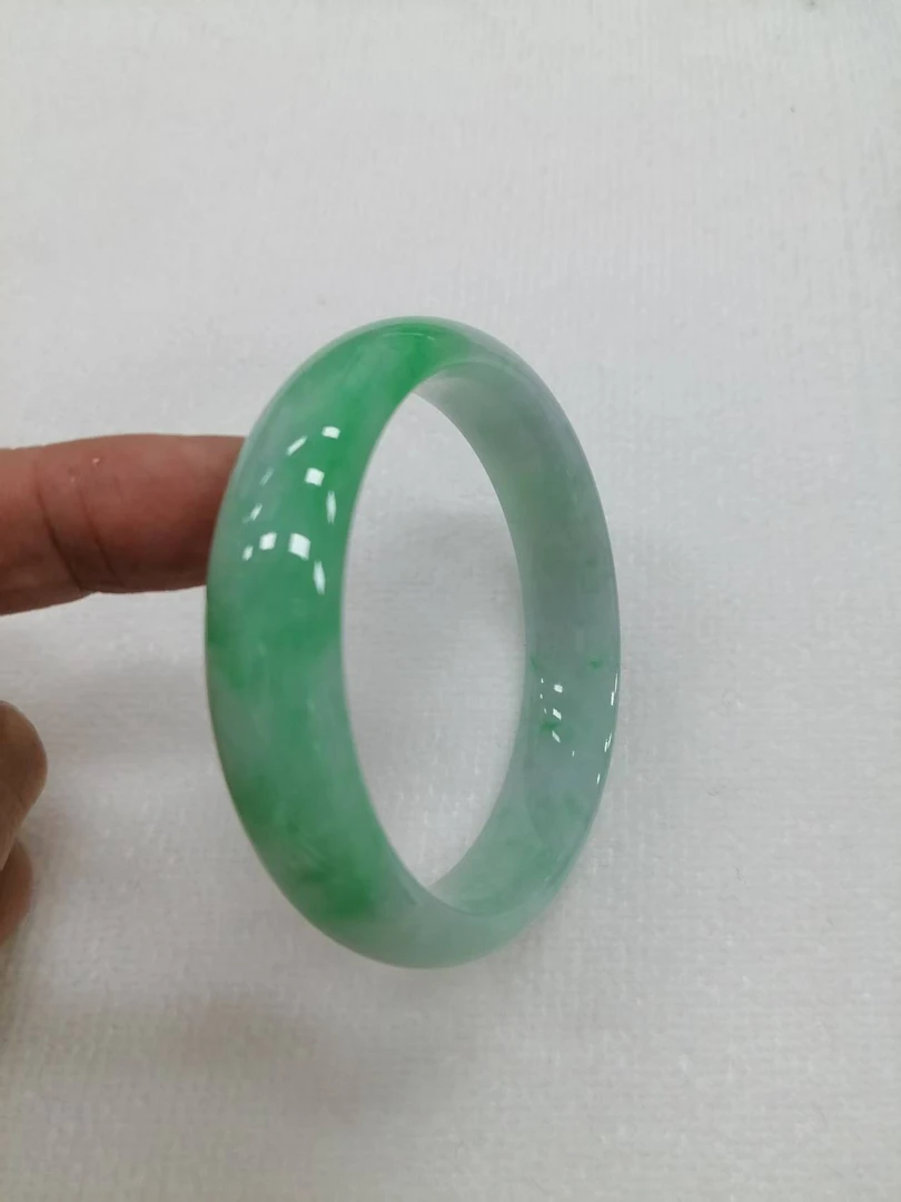白底青翡翠手镯 57圈口 条宽14.4mm 天然翡翠缅甸A货 编号：4