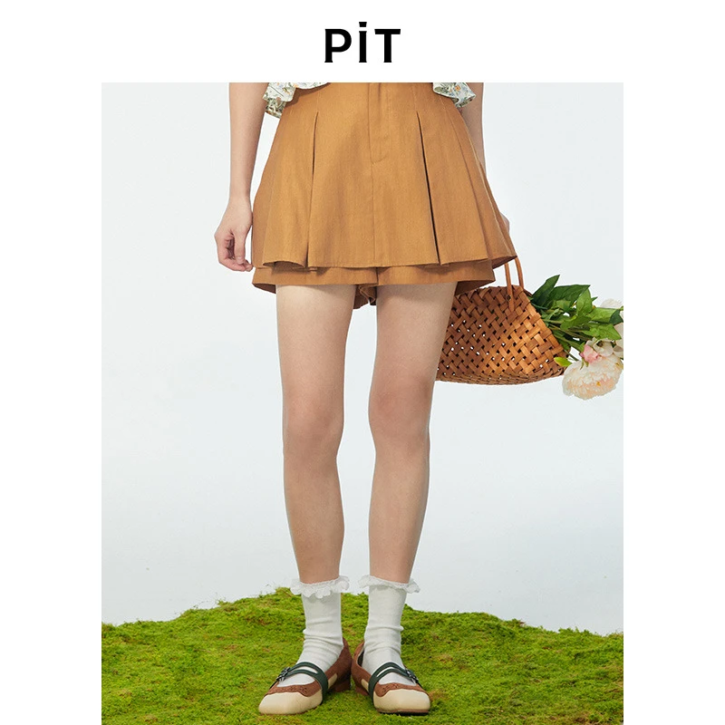 pit复古法式设计感宽松百褶a字高腰短裤女2024秋装新款休闲裤子