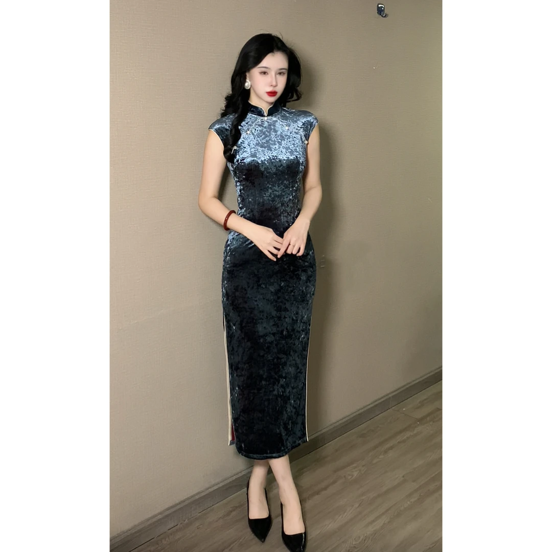 【蓝梦】玉簪记秋季新款中国风丝绒高弹力修身显瘦气质旗袍连衣裙