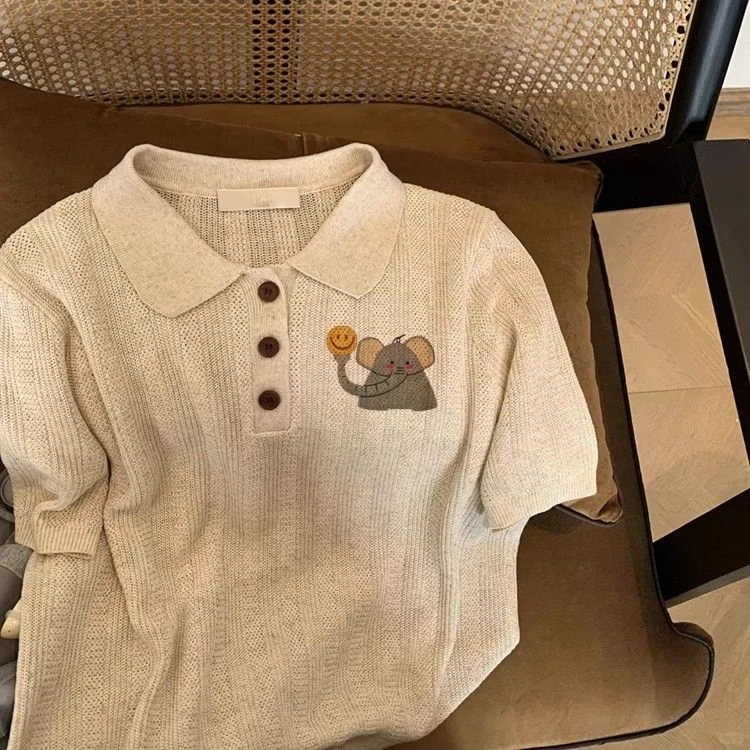 2025新款夏季穿搭polo翻领小象印花正肩短袖T恤女独特漂亮的上衣