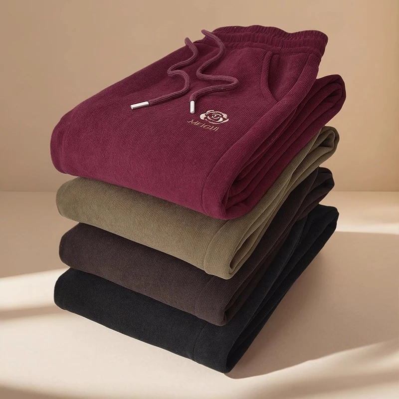 秋冬加绒加厚运动长裤女松紧带中老年高腰冬季运动宽松型保暖加厚