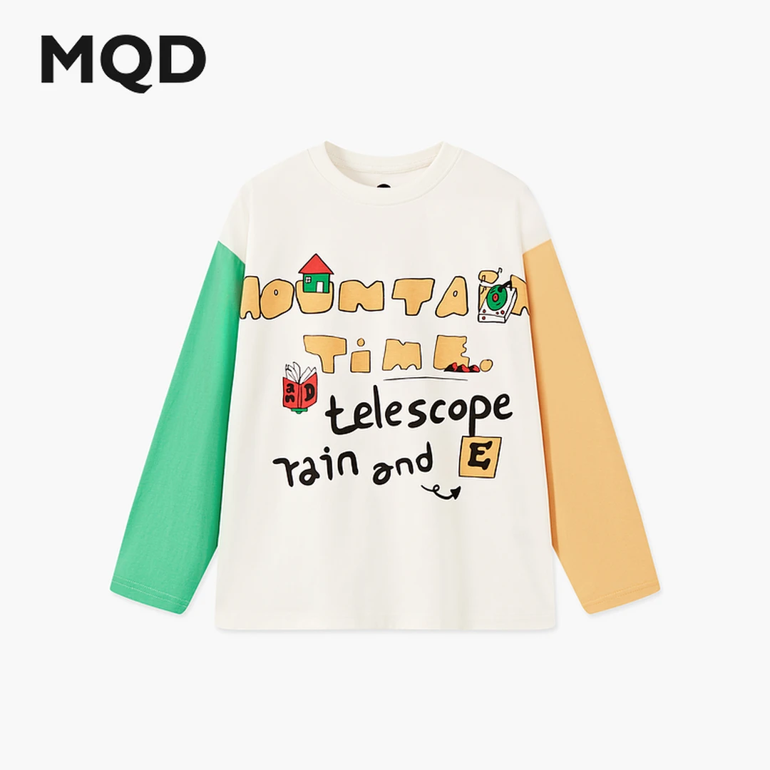 MQD童装25春季新品学院风撞色袖子卡通字母涂鸦长袖T恤9651W0333