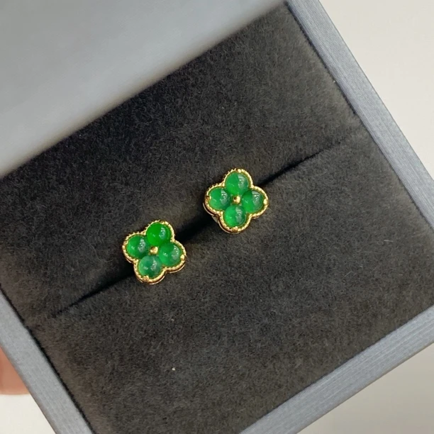 【元满】幸运四叶草 冰阳绿翡翠蛋面 S925银镶嵌耳钉时尚精致不过敏