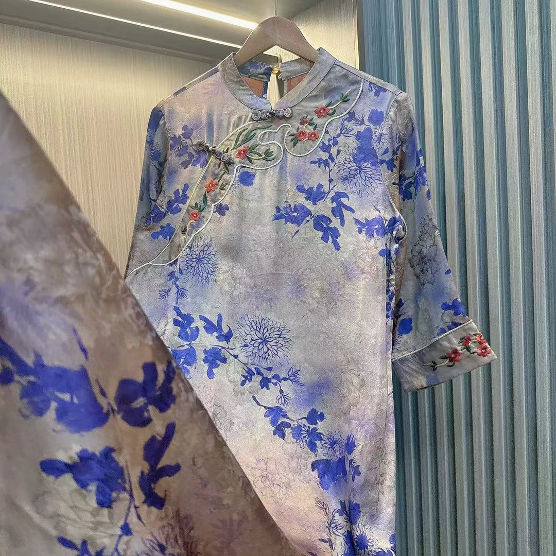 紫芙-新款气质新中式旗袍花色香云纱连衣裙