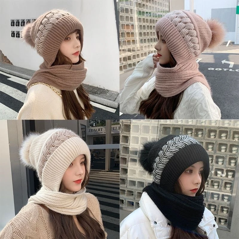 帽子围巾耳罩一体女冬季保暖毛线帽骑车护耳针织帽加绒可爱围脖帽