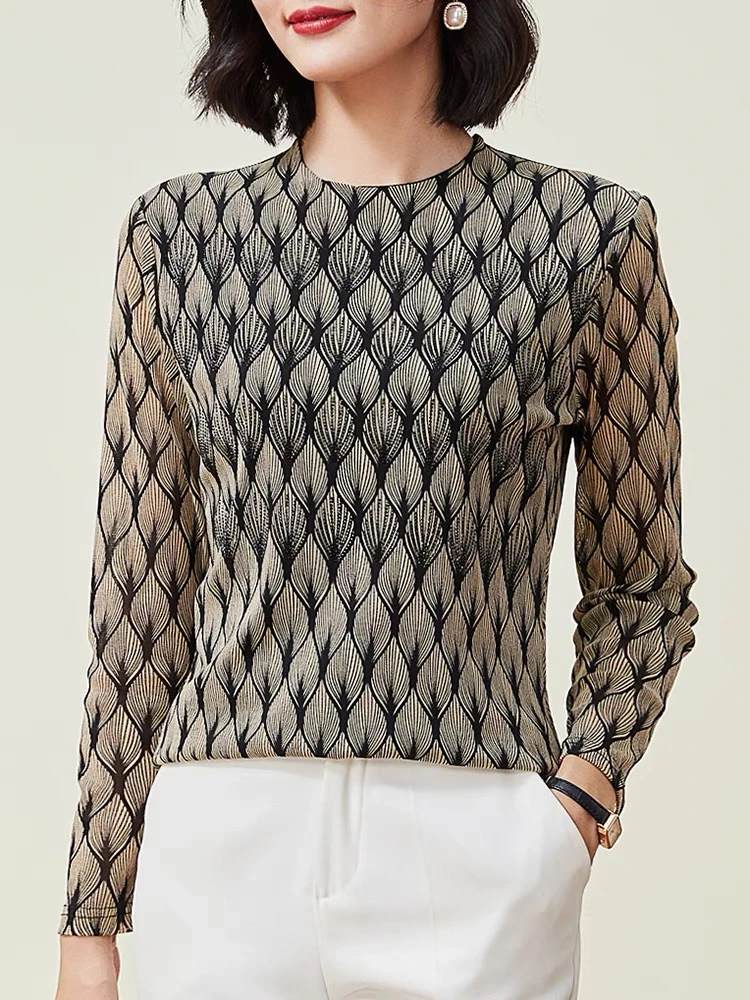 妈妈条纹春装2025新款洋气高档弹力网纱打底衫