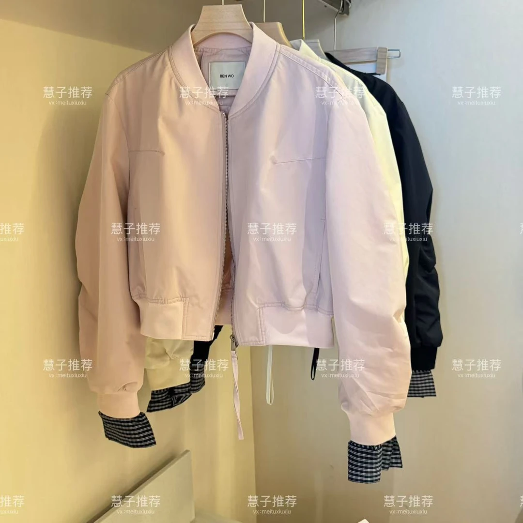 【慧子推荐】7937春季棒球服格子拼接设计款拉链短款百搭