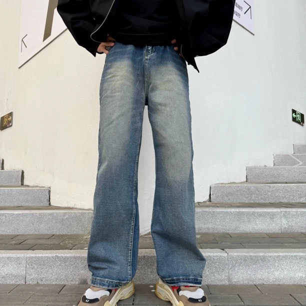 春秋季牛仔裤松紧腰弹力复古宽松百搭显腿长男女水洗休闲直筒裤