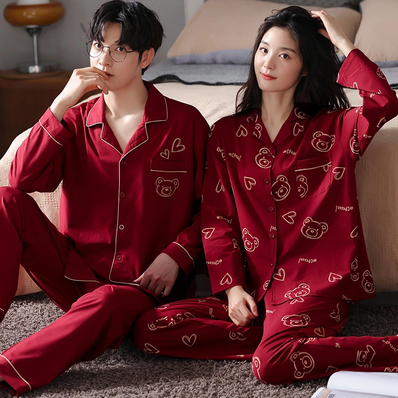 MILORD【红色爱心熊】情侣睡衣女士长袖纯棉大红色喜庆结婚本命年