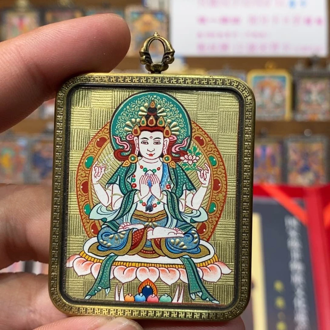 吊坠热贡纯手绘唐卡四臂