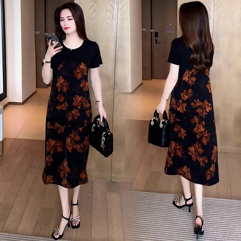 夏季新款时尚洋气妈妈连衣裙气质显瘦遮肉宽松大码印花短袖裙子女