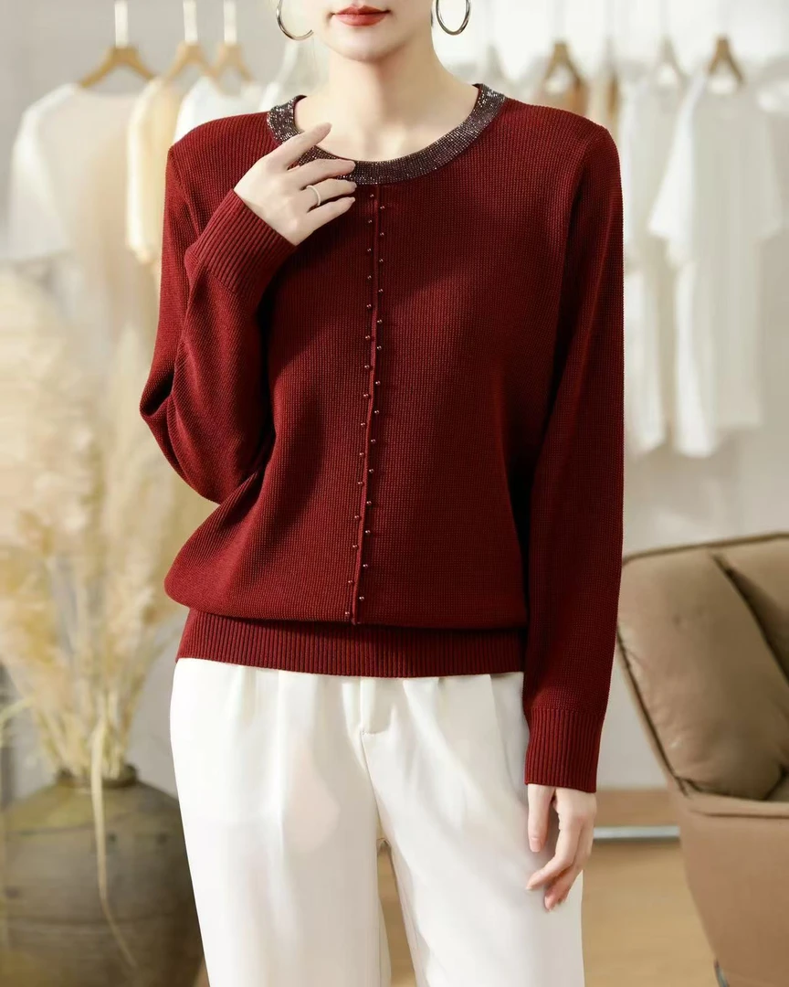 25年春季新款高级感纯色碎钻串珠打底百搭时尚针织衫妈妈装串珠