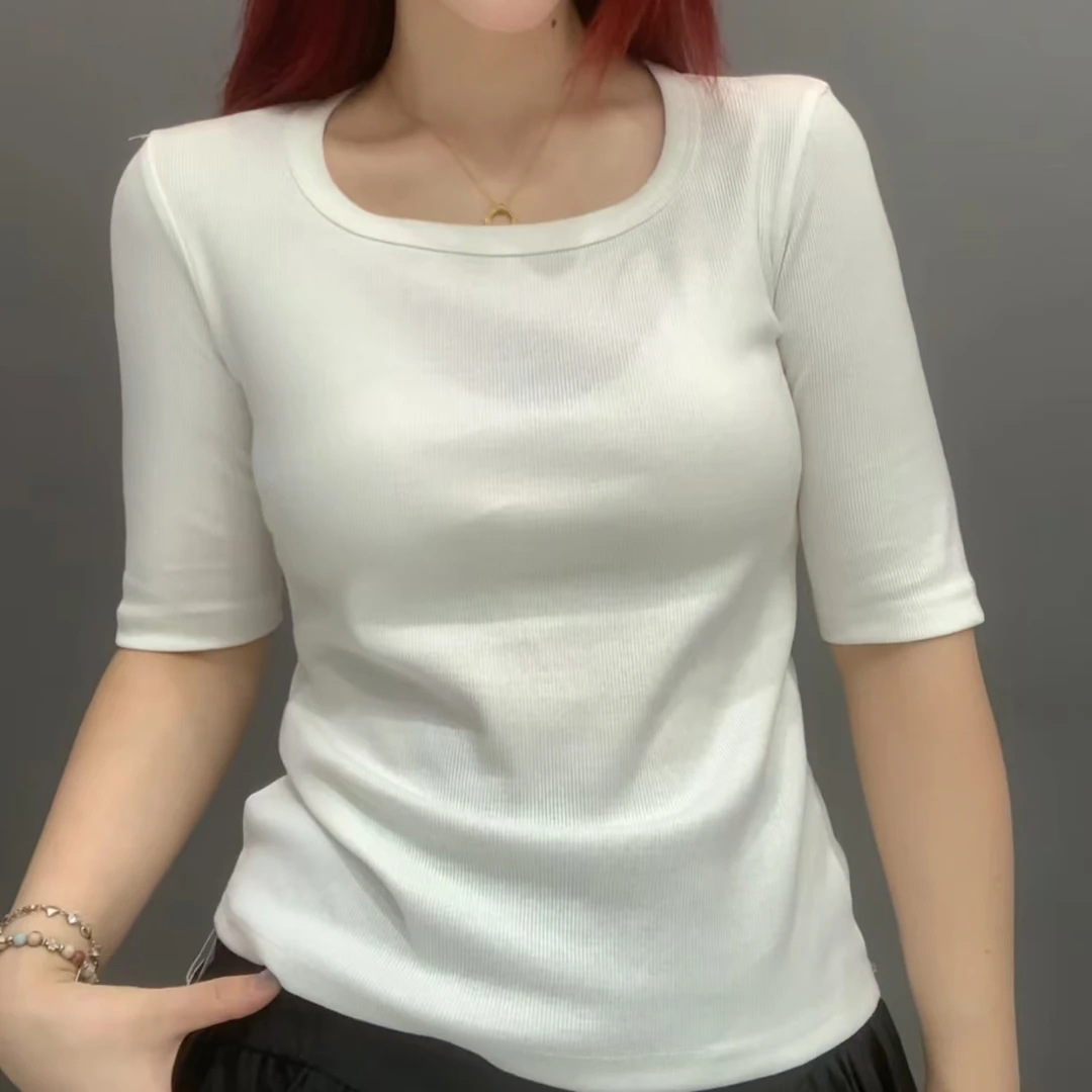 2025新款中袖女装显瘦时尚百搭纯色圆领