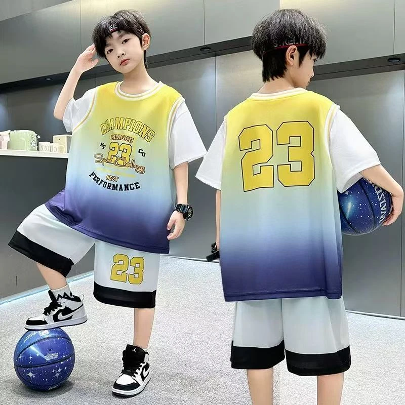 男童篮球服速干套装2025新款短袖夏装假两件训练服男孩运动衣定制