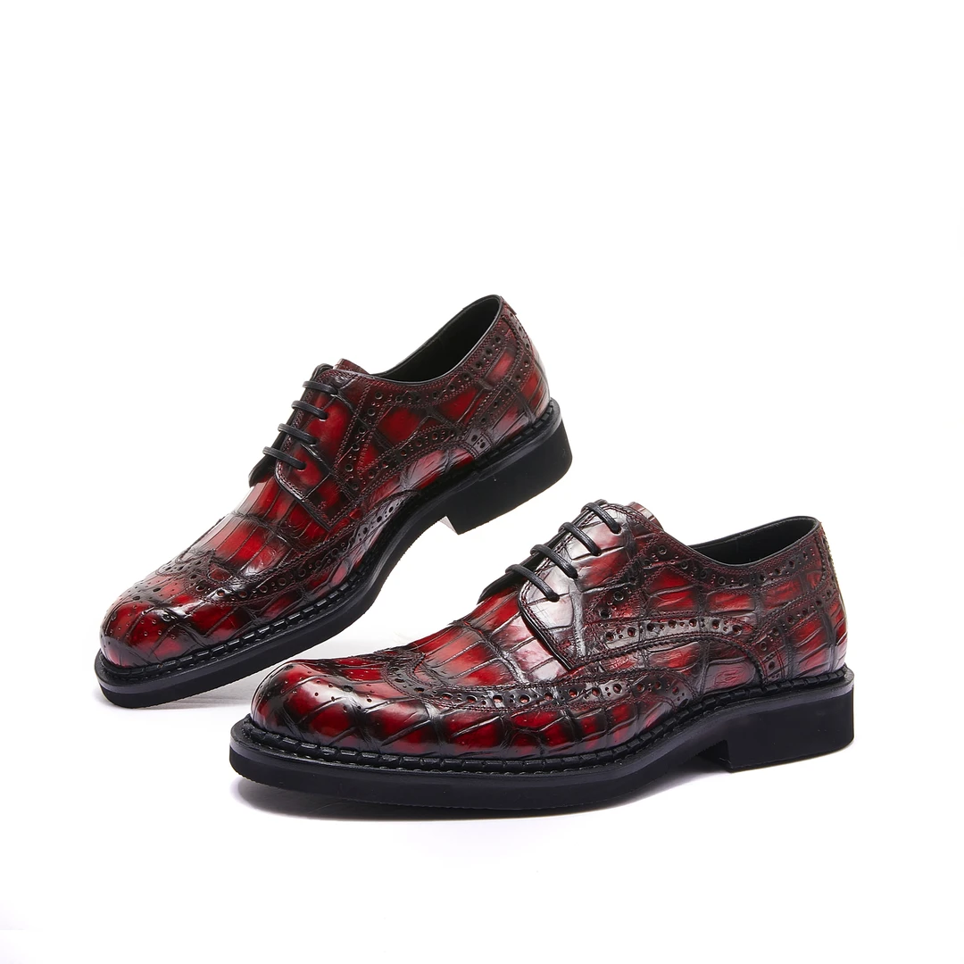 鳄鱼皮手工英伦风德比鞋固特异雕花男系带真皮圆头厚底休闲皮鞋