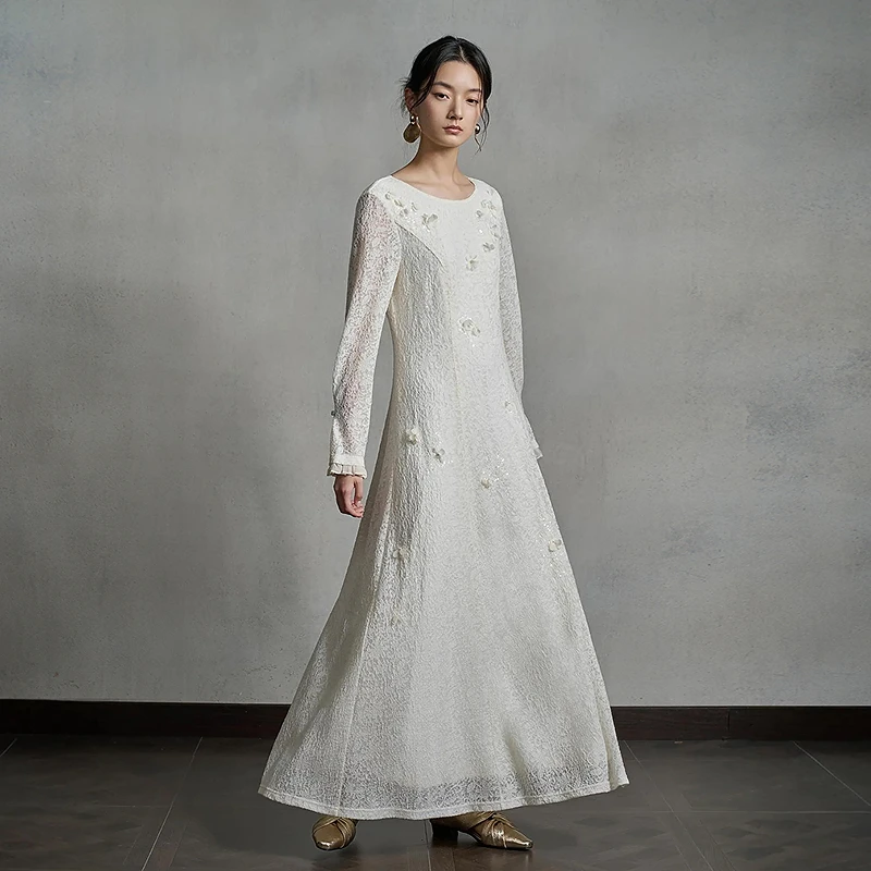 【手工钉花】生活在左羊毛混纺连衣裙提花收腰2025秋季新款长裙女