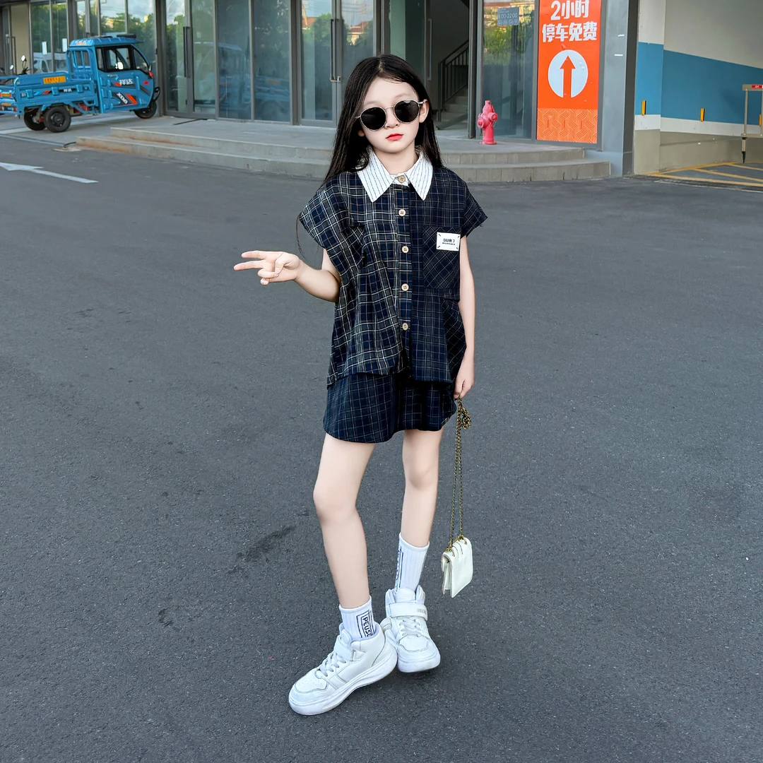 女童夏季2025新款韩版潮范时尚洋气格纹POLO领衬衫休闲短裤两件套
