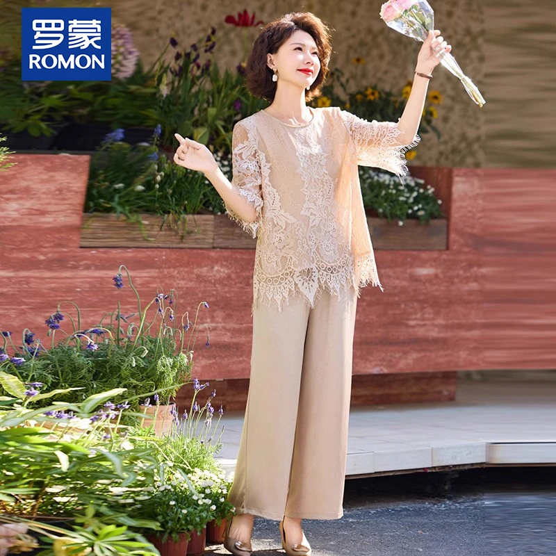 罗蒙妈妈夏季洋气两件套2025新款中年宽松小衫中老年女士高档套装