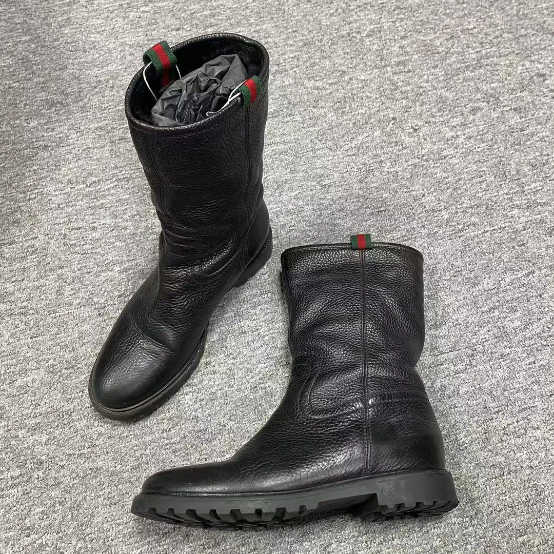 95新 GUCCI/古驰 36码 /米亚女鞋 黑色休闲荔枝纹百搭中筒靴 1687