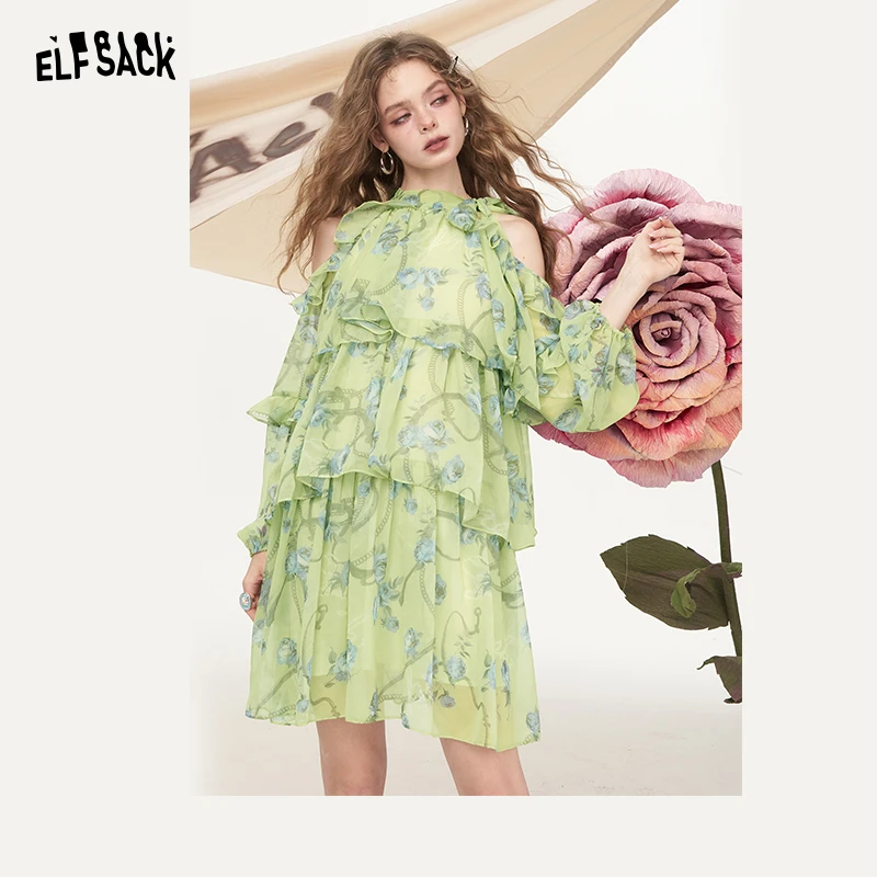 妖精的口袋挂脖露肩碎花雪纺连衣裙女2025夏新款海边度假连衣裙