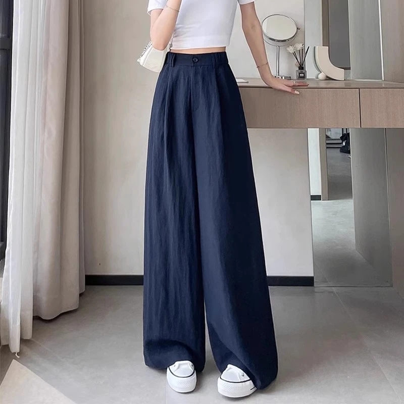 藏蓝色天丝亚麻阔腿裤女小个子夏季薄款莱赛尔冰丝速干棉麻西装裤