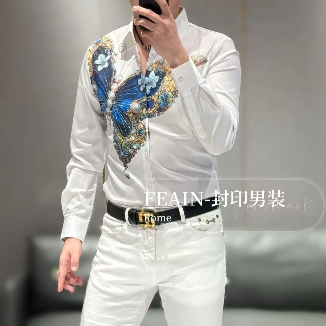 高端定制立体印花幻彩富贵蝴蝶图案立体奥钻点缀男士长袖衬衫2598