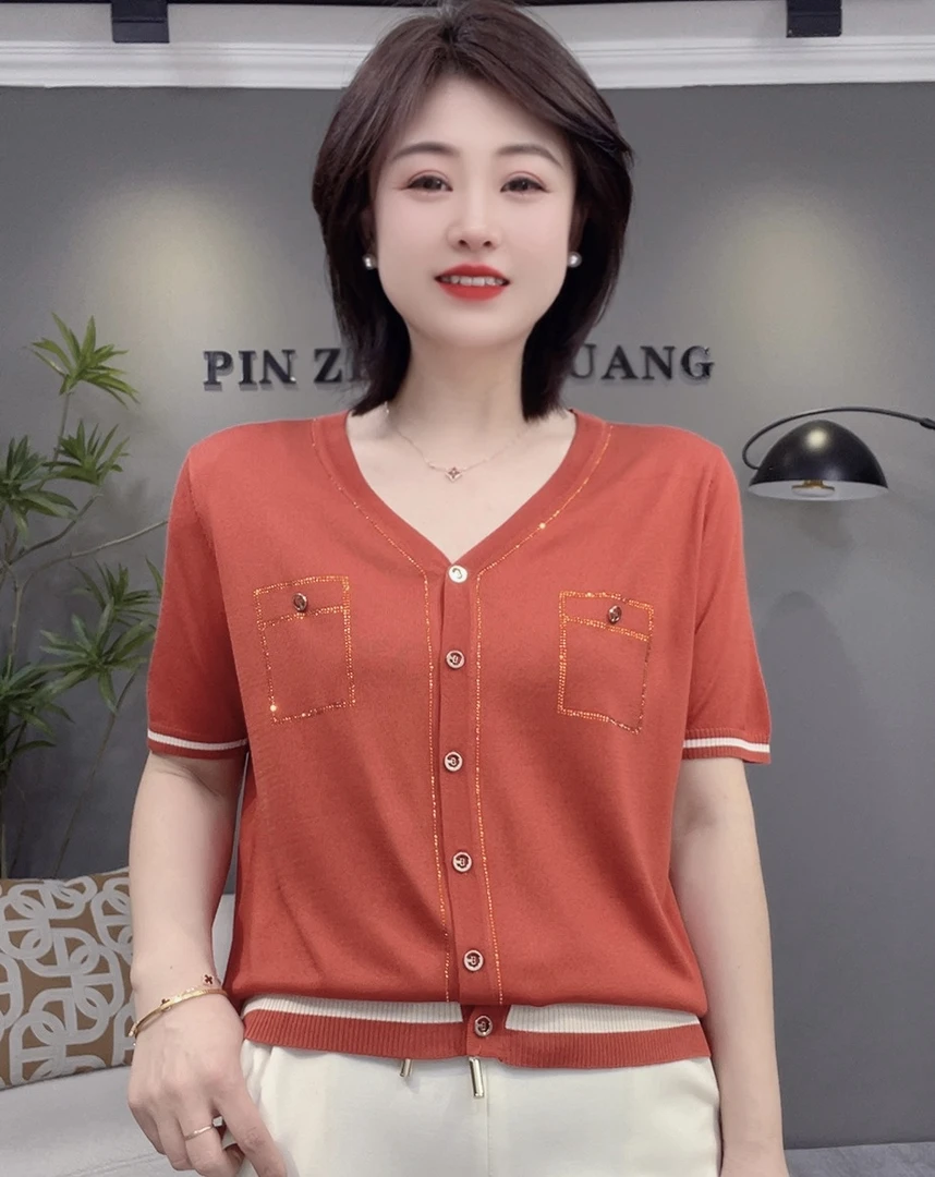 新款V领简约百搭天丝半袖210021