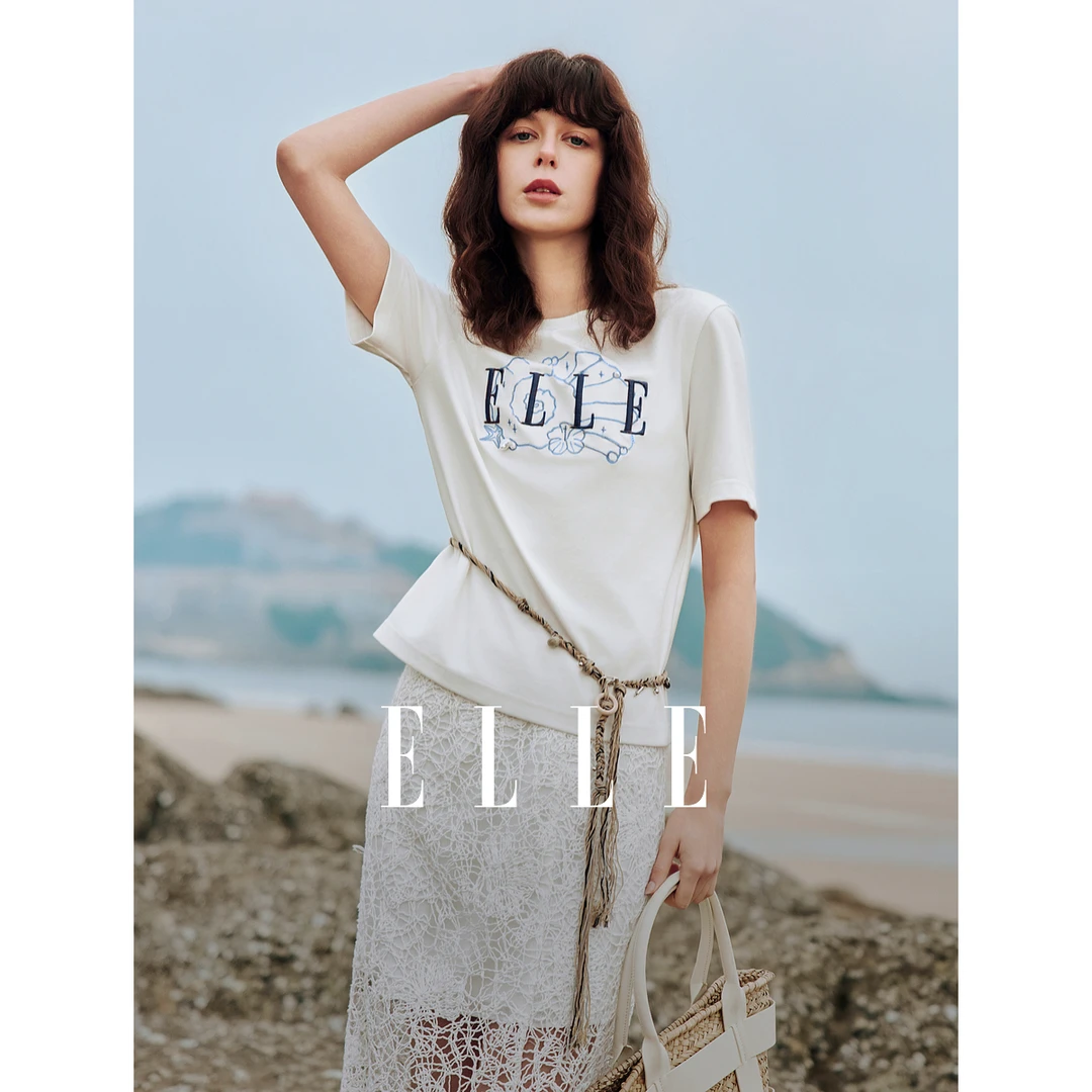 ELLE圆领摩登重工绣花短款T恤女2025夏新款时髦ET50859