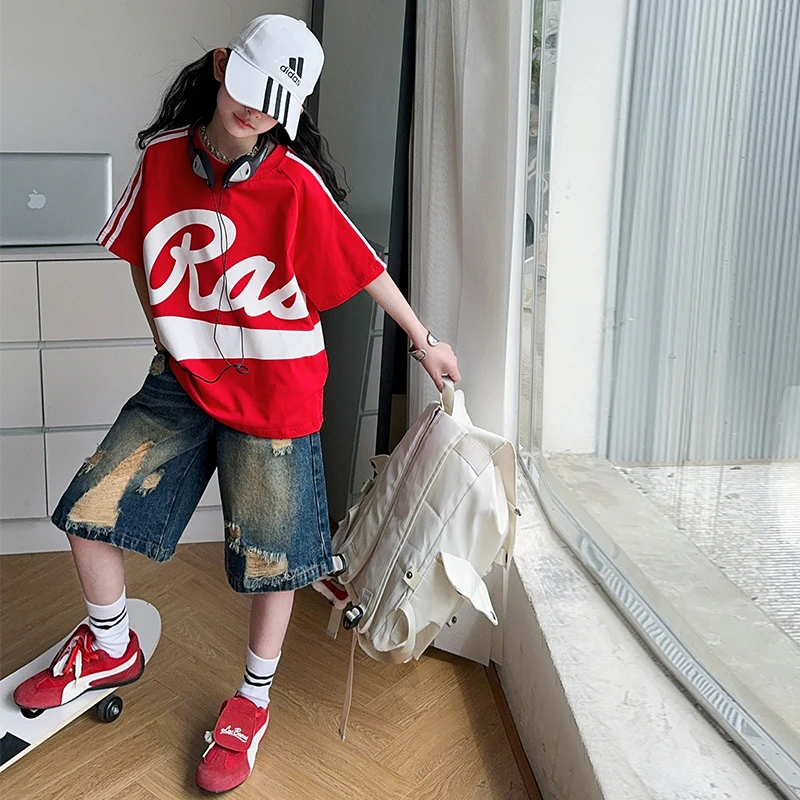 【酷哒仔】女童复古破洞牛仔中裤短袖上衣两件套装2025夏季中大童潮