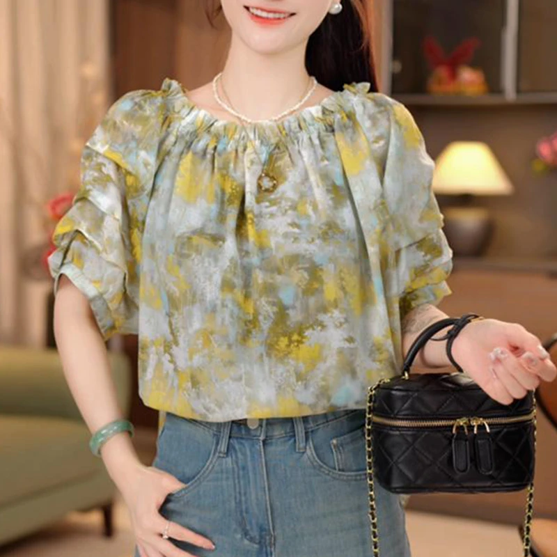 法式气质减龄碎花一字领衬衫女夏新款设计感宽松显瘦百搭短袖上衣