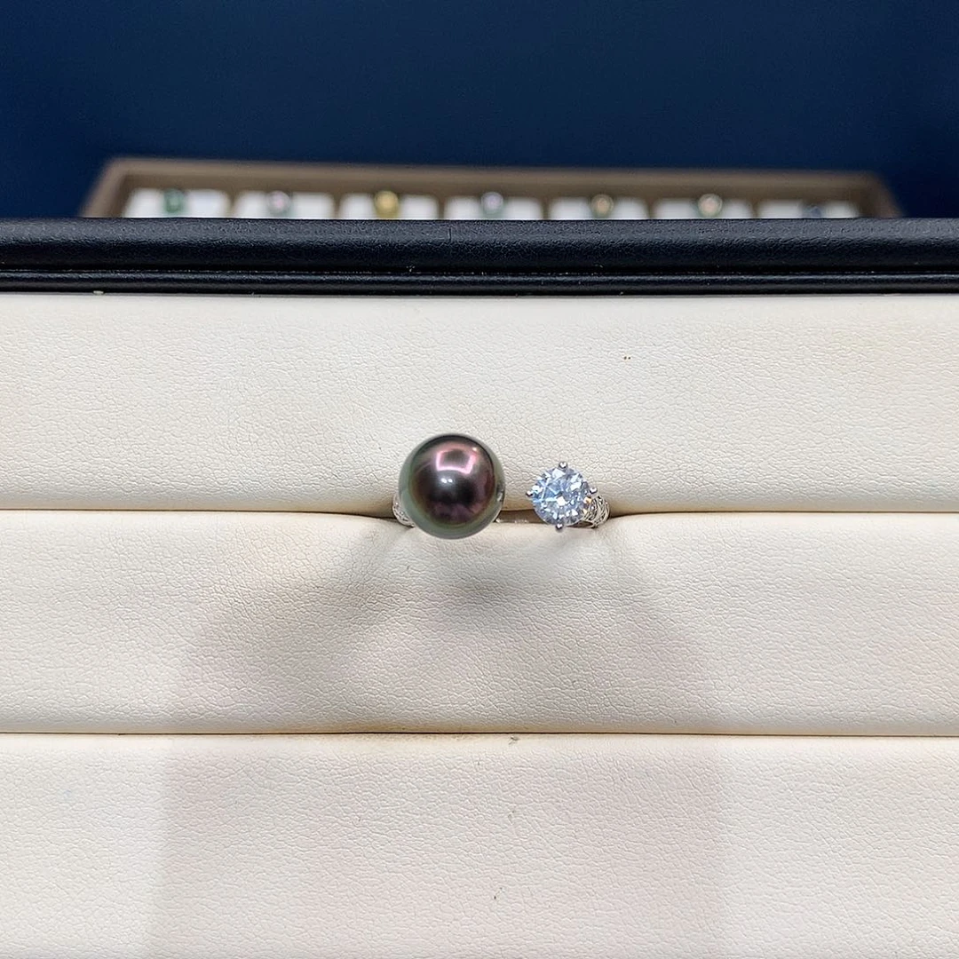 银S925镶嵌戒圈海水珍珠大溪地单钻戒指