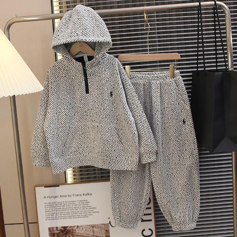 雪尼尔斜条纹潮牌儿童套装2025新款男女童春秋装半拉链卫衣两件套