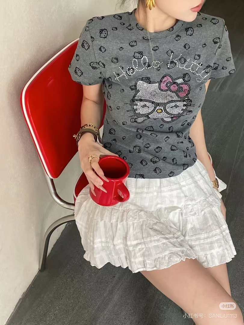 【涵涵家】卡通短袖短款烫钻T恤夏季印花夏款富婆风#8836