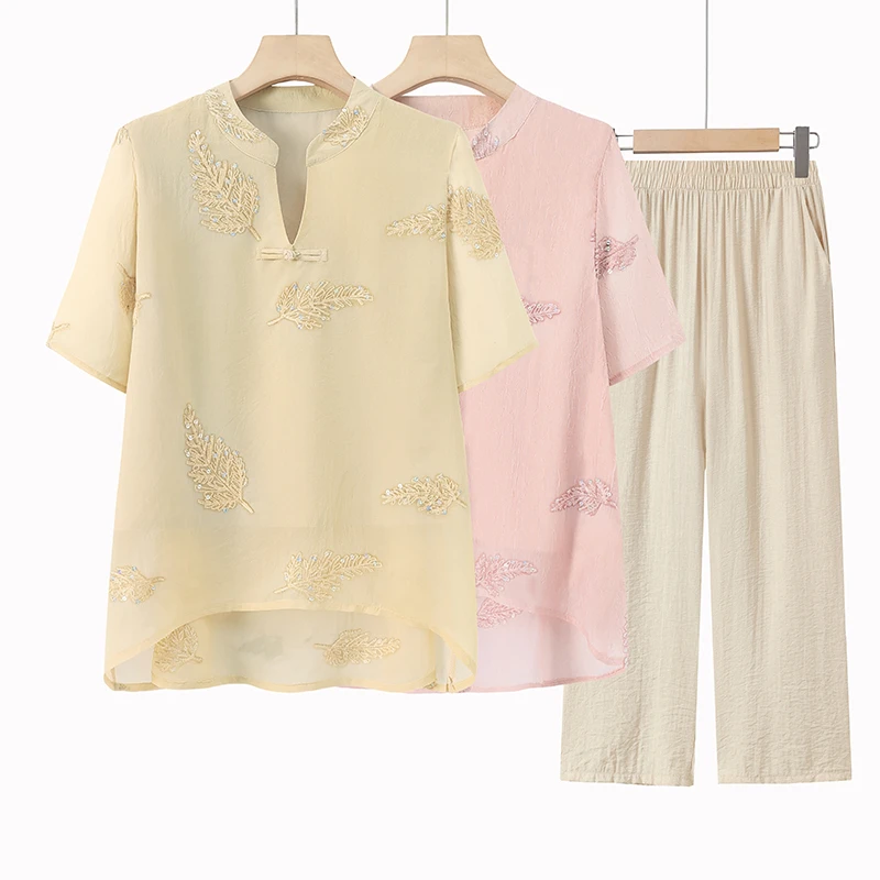 妈妈装绣花衬衫薄款中老年女装夏季休闲小衫中国风宽松两件套T恤