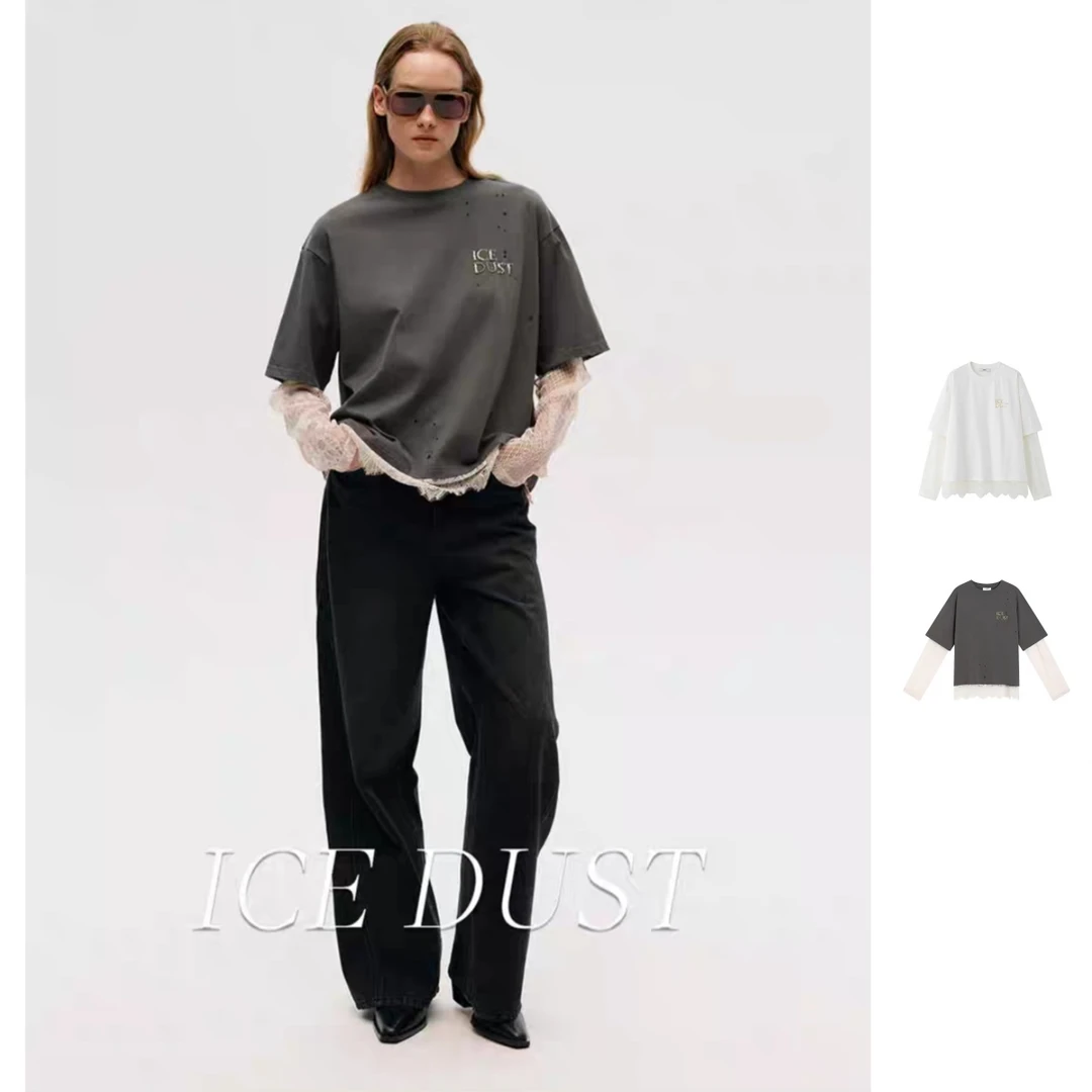 ICE DUST 设计师品牌 25秋冬新品蕾丝拼接长袖修身T恤女