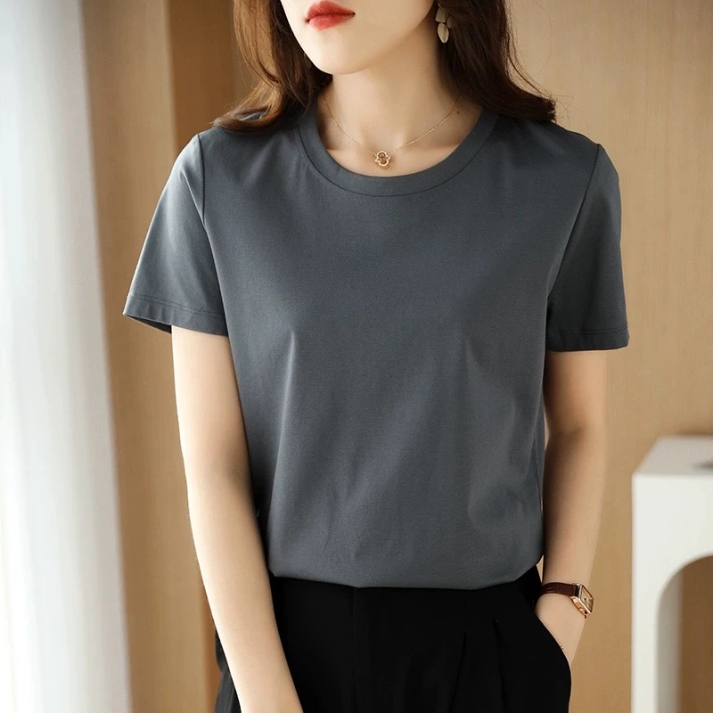 春夏季女装弹力棉打底衫休闲百搭时尚显瘦圆领短袖T恤女士