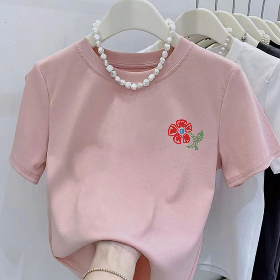 2025新款圆领一支小红花印花纯棉短袖小个子女修身显瘦百搭上衣