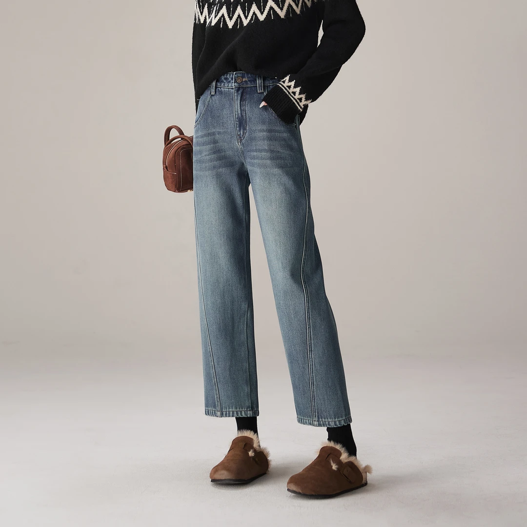 索菲丝尔2025冬季新百搭宽松遮肉加绒加厚保暖直筒牛仔裤女542173