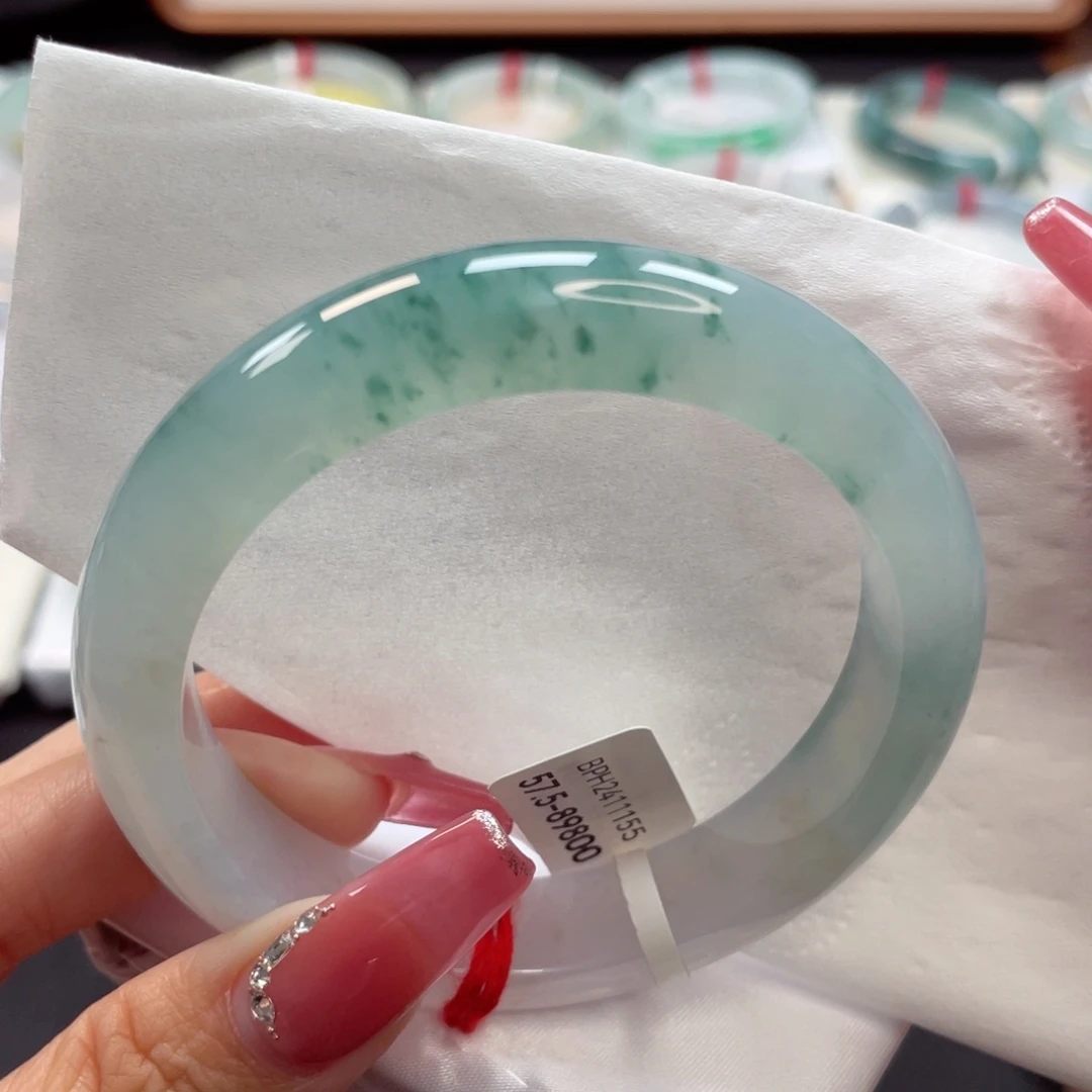 【闪购商品】翡翠手镯未镶嵌冰胶晴蓝飘花57.5圈39号